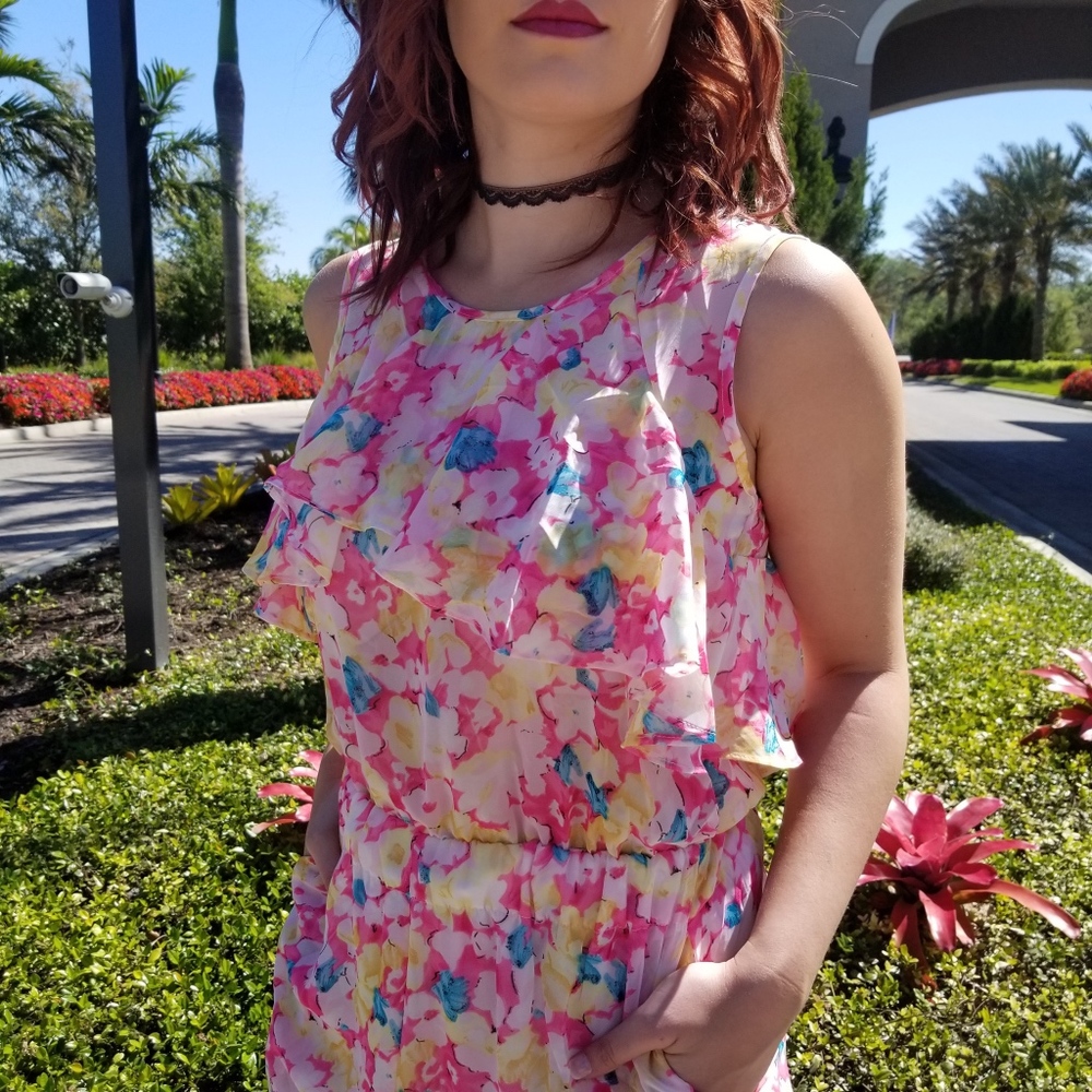 Pink Multi Color Ruffle Keyhole Back Romper - Picture 2 of 6